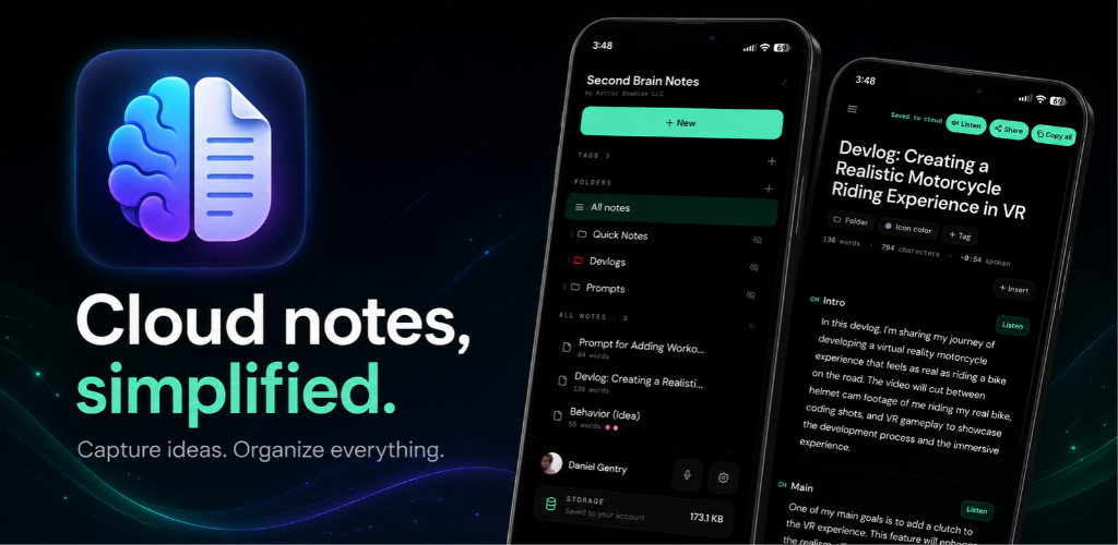 Second Brain Notes shown on two phones — a folder list and an open note